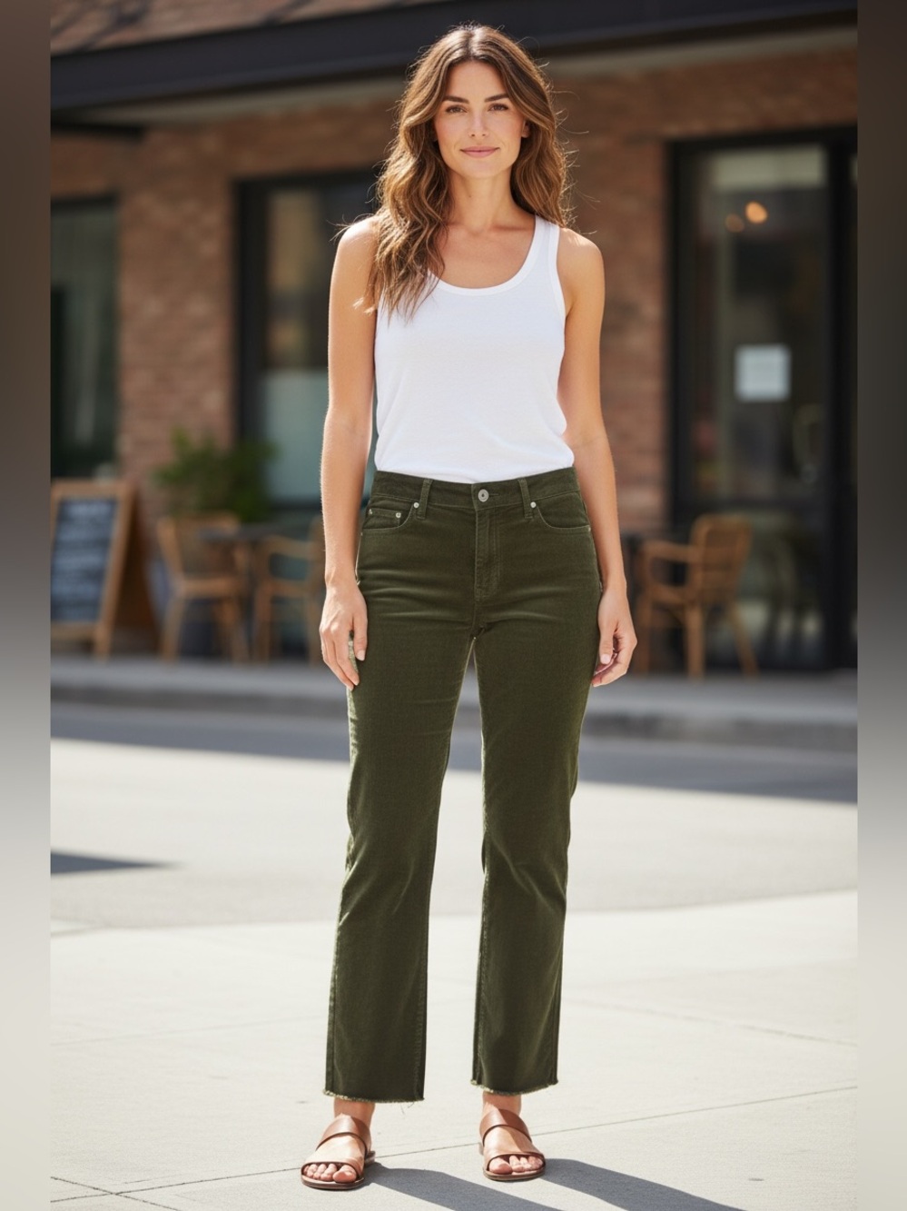 Kut from the Kloth Kelsey Fab Ab Ankle Flair in Green Corduroy